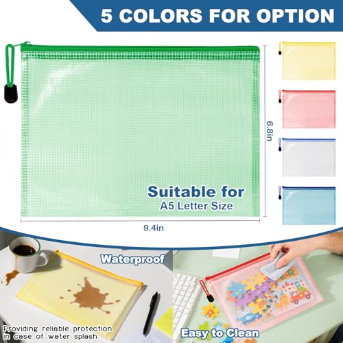Mesh Zipper Pouch Bags - 5 Pack Waterproof Zipper Bags 6.8x9.4 Inch A5 Clear Mesh Storage Pouches Assorted Colors for Home, Office, Travel, Puzzles, Cosmetic, Accessories - size: 6.8 x 9.4 Inch