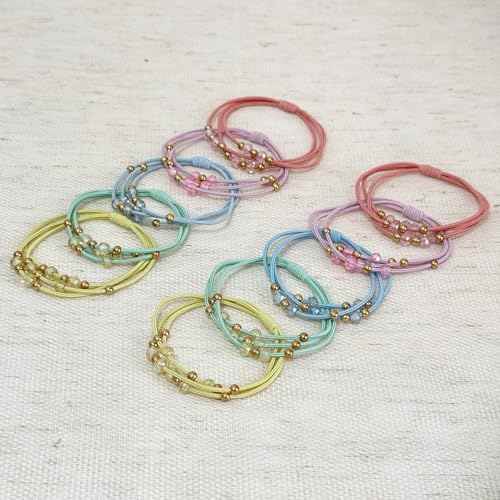 10pcs Colorful Hair Ties with Gold & Crystal Beads, Thin Elastic Ponytail Holders for Women - color: Yellow,Mint Green,Blue, Pink,Coral
