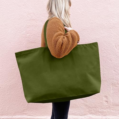 Large Canvas Tote Bag-Extra Big Shopping Beach Totes Bags Reusable Largest Grocery Plain Solid Bag 28"x8"x16" - color: Olive Green