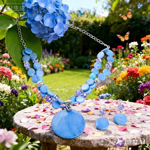 Layered Beads Statement Fashion Necklace Chunky Jewelry Set Big Colorful Glass Stone Circle Shell Pendant Choker Necklace and Earring Set for Women - color: light blue