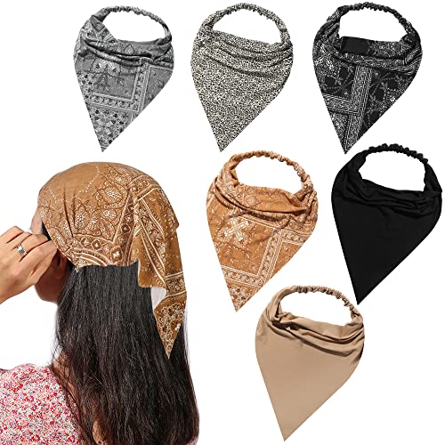 Vercret 6 Pack Hair Scarf Headband for Women Elastic Bandana Head Scarf Large Boho Triangle Kerchief with Clips Non Slip Scarves - color: P Paisley