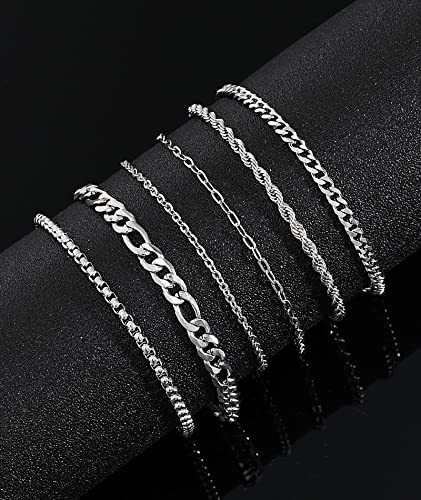 Honsny 6PCS Stainless Steel Bracelets for Women Men,14K Gold Plated Cuban Link Paperclip Chain Bracelet Dainty 6.3/7/7.8/9.5 Inch Stainless Steel Bracelet Set Fashion Jewelry - color: Silver, size: 6.3 Inches