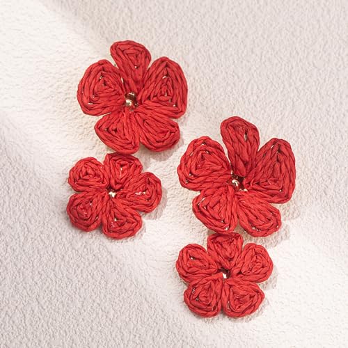 Boho Flower Earrings Statement Raffia Dangle Earrings Cute Floral Jewelry Trendy Summer Beach Vacation Outfits for Women - color: Red