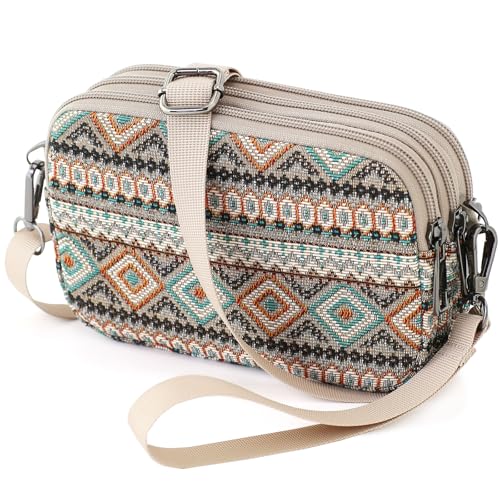 Small Wristlet Wallet for Women, 3-Zip Crossbody Phone Purse - color: Geometry/Jacquard