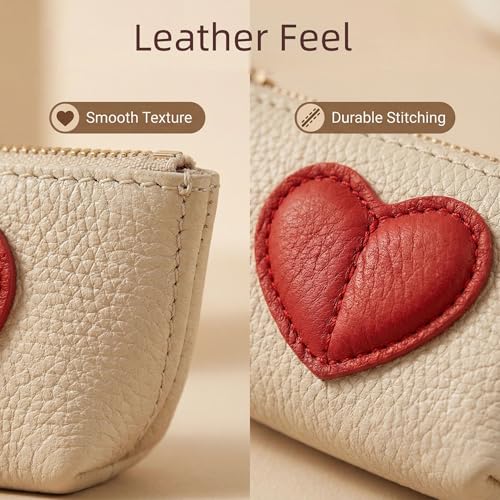 Red Heart Design Small Coin Purse - Cute Compact Keychain Change Purse Soft Leather Wallet with Zipper for Women (White) - color: White