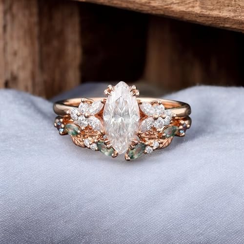 Vintage Marquise Moissanite Bridal Set Moss Agate Wedding Band, Rose Gold Leaf Cluster Shank Engagement Ring Set, Nature-Inspired Gift for Women, Bridal Jewelry