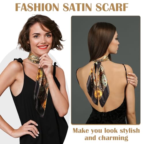 JATEBI 27''/35'' Women Large Satin Scarf Silk Feel Square Wraps Big Hair Bandanas Vintage Print Solid Color Bandana Scarves - color: Coffee Brown, Army Green, Camel, Black, White, Pink Mixed Classic, size: 35'' Large