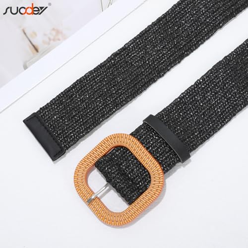 SUOSDEY 2 Pack Straw Woven Elastic Belt Braided Stretch Wide Boho Rattan Waist Belt for Women Dresses - color: 07-black+beige, size: Fit Waist up to 45''