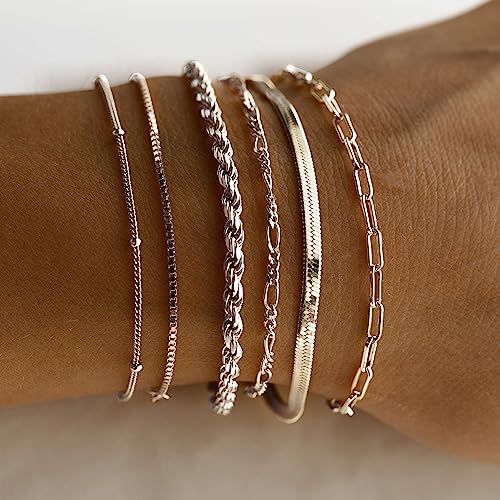 Dearmay Gold Bracelets for Women Waterproof, 14K Gold Plated Minimalist Bracelets Stack Non Tarnish Trendy Dainty Herringbone Vintage Cuban Paperclip Rope Thin Box Link Chain Stackable Jewelry Sets Modern Fashion Accessories Gifts for Womens - style: chai
