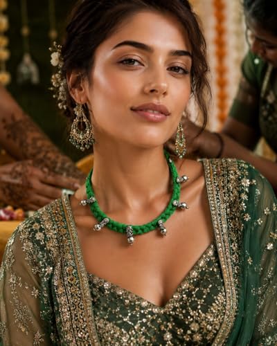 athizay Boho Charm Thread Choker Necklace – Braided Bohemian Choker with Oxidized Silver Dangle Charms | Handmade Boho Jewelry for Women - color: Green, silver