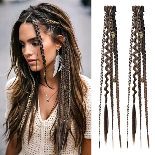 REECHO Clip in Braid Hair Extensions for Women, 20" Boho Dreadlock Clip in Braids with Beads & Charms, 2PCS Handmade Synthetic Braided Hairpieces for Cosplay Daily Styling, Light Brown Mix - color: Light Brown Mix, size: 20 Inch