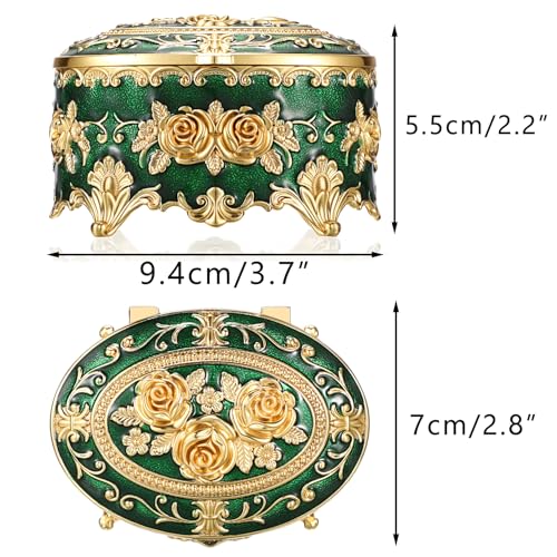 Hipiwe Vintage Jewelry Box Oval Trinket Display Case with Rose Pattern Decorative Green Treasure Box Ring Holder for Women - color: Green