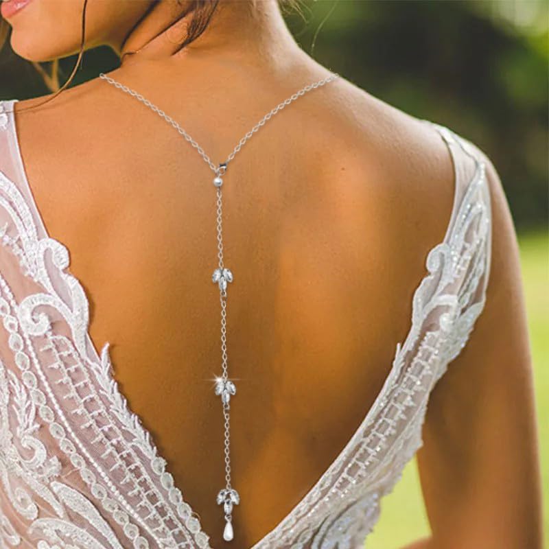 Rhinestone Back Chain Necklace for Backless Dress Back Necklace Crystal Bridal Pearl Drop Back Chain Shoulder Body Jewelry