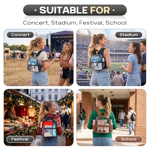 Oraben Clear Backpack Stadium Approved, Clear Bag 12 x 6 x 11 in, Small Transparent Backpack for Concerts, Sports Events, Festivals, Waterproof, Adjustable Straps, Women Men - color: Black, style: Enhanced Strap