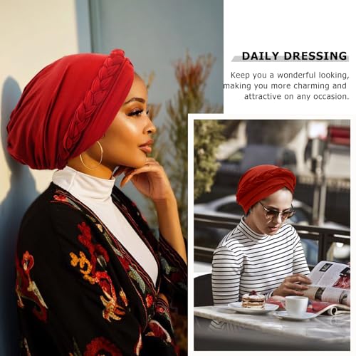 DRESHOW Turban Pre-Tied Twisted Hat Thread African Head Wraps for Black Women Chemo Cancer Cap Braid Hair Cover - color: 1 Pc Twisted Braid: Red