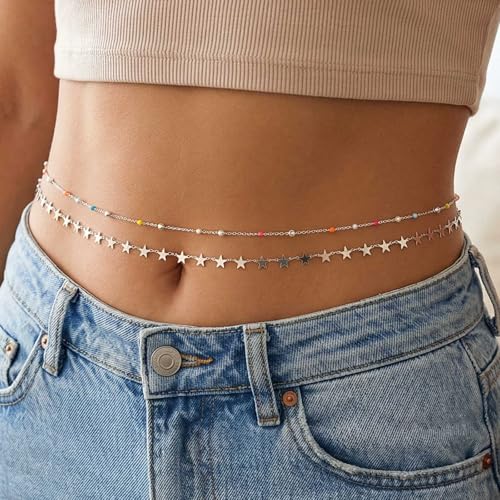 Waist Chain Silver Star Belly Chains Gold Beads Women Crystal Sequins Body Jewelry for Pants and Swimsuits - style: silver-star 2