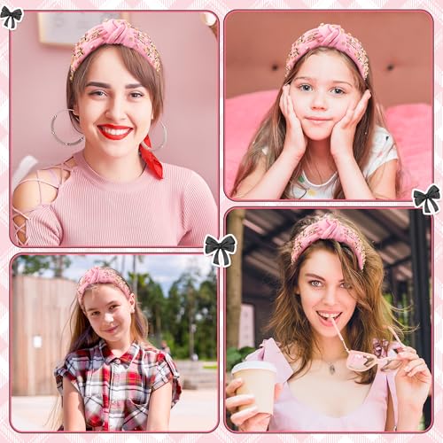 PANTIDE Coquette Black Bow Jeweled Knotted Headband - Rhinestone Crystal Embellished Preppy Trendy Headband Wide Top Knot Non Slip Fashion Hairband Hair Accessories Birthday Gift for Women Girl (Pink) - color: Pink Black Bow