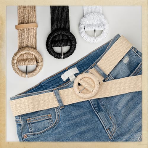 Straw Woven Elastic Belt for Women, Boho Braided Raffia Waist Belt, Stretch Rattan Belt for Summer Dresses - color: Round Buckle-black, size: M: Fit waist size up to 35"