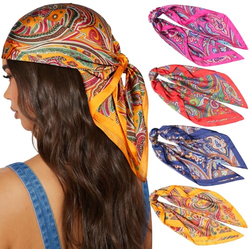 AWAYTR 27.5” Silk Satin Square Head Scarf - 4PCS Satin Head Scarves for Women Hair Kerchief Bandanas Sleeping Head Wraps - color: Cashew(flower(hot Pink/Navy/Orange/Yellow))