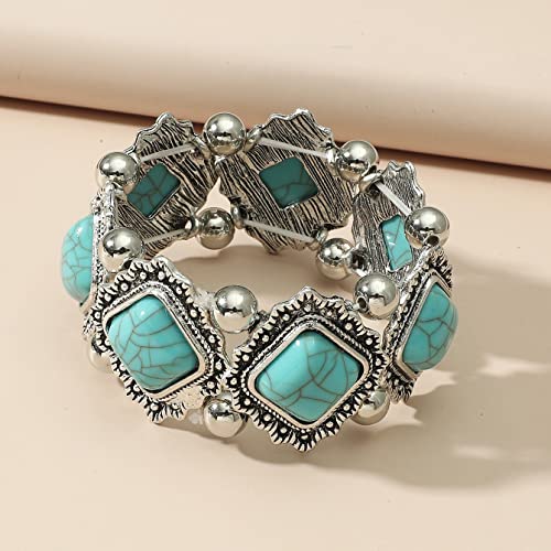 COLORFUL BLING Bohemian Simulated Turquoise Stretch Bangle Bracelet for Women Adjustable Ethnic Natural Stone Statement Wide Wrap Bracelet Boho Jewelry - color: square blue