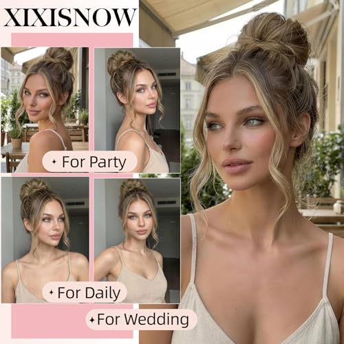 Messy Bun Hair Piece Human Hair, Real Buns for Women, Ashy Blonde Scrunchie Updo Hairpieces, Natural Fake Bun Extension, Faux Wig Donut Chignon, Lightweight 25g Thick Wavy Hairpiece - color: Ashy Bronde