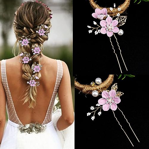 6 Pcs Bridal Flower Wedding Hair Pins Crystal Pearl Hair Pins Clips Headpiece Gold Wedding Hair Accessories Jewelry with Rhinestone for Brides Bridesmaids Women Girls Updo (Romantic Lilac Purple) - color: Romantic Lilac Purple