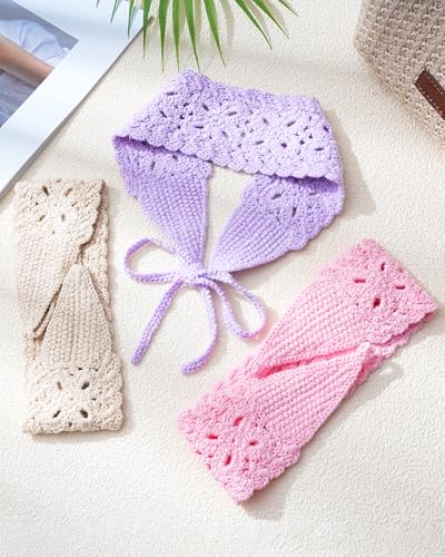 HAIMEIKANG Hippie Hair Bandana Headbands for Women Boho Headband Knit Hair Bands Floral Head Wrap for Women and Girls (Beige+Pink+Purple) - color: Beige+Pink+Purple