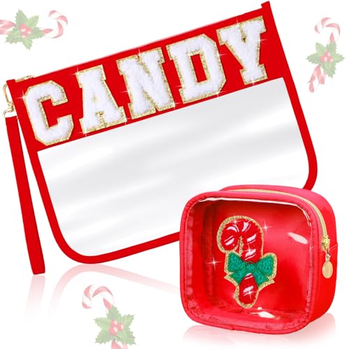 Hillban 2 Pcs Christmas Gifts Chenille Letter Bags Xmas Makeup Cosmetic Bag Clear Toiletry Zipper pouch Candy Canes purse Waterproof Travel Purse Preppy Things for Women Holiday Present - style: Candy Theme