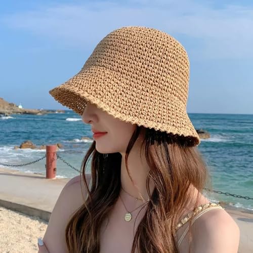 Womens Floppy Straw Sun Hat Packable Wide Brim Summer Beach Hat Foldable Crochet Bucket Hats - color: Khaki 2