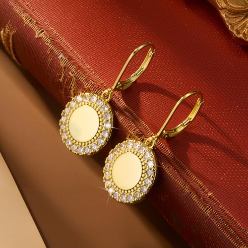 Disc Dangle Earrings for Women, 14K Gold Plated Flat Hypoallergenic Drop Earrings, Silver Classic Coin Leverback Earrings for Women Jewelry Gifts - color: B-14K Gold