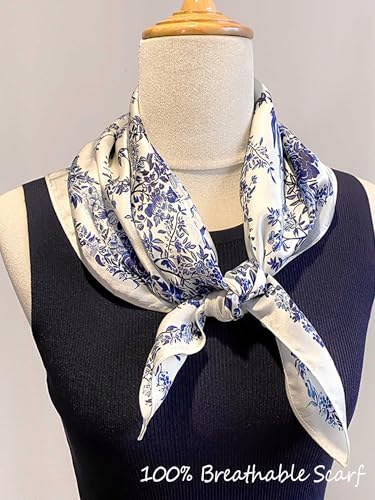 Silky Scarf for Women Lightweight Satin Bandanas Neck Hair Wrap For Sleeping Head Scarves 27.5" - color: A19 Beige Blue Pattern/27.5"