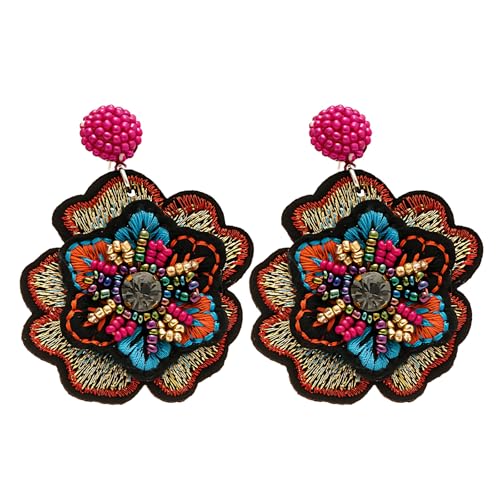 Boho Floral Embroidered Earrings with Colorful Bead Accents and Crystal Center for Women - color: Colour