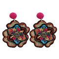 Boho Floral Embroidered Earrings with Colorful Bead Accents and Crystal Center for Women - color: Colour