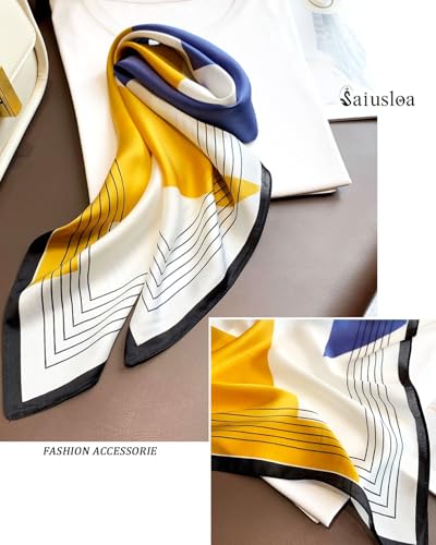 Saiusloa Neck Scarf For Womens Silky Head Scarves Hair Bandanas Square Scarf Fashion Accessories lightweight - color: 28-blue-yellow Geometry
