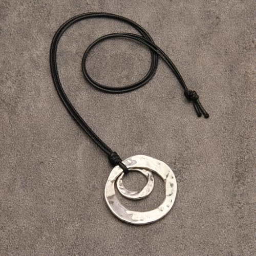 GelConnie Leather Necklace for Women Round Wooden Pendant Long Leather Choker Vintage Sweater Necklace Gold Chunky Boho Necklaces for Women - style: 2 Circles Silver Necklace