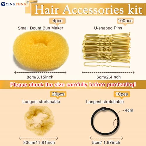YINGFENG 134 Pcs Gold Hair Bun Maker Kit Medium - 4 Bun Hair Pieces for Women, 20 Hair Net for Buns, 100 Bobby Pins for Women, 10 Hair Bands, for Ballet Styling, Hair Accessories for Girls - color: gold, size: Medium