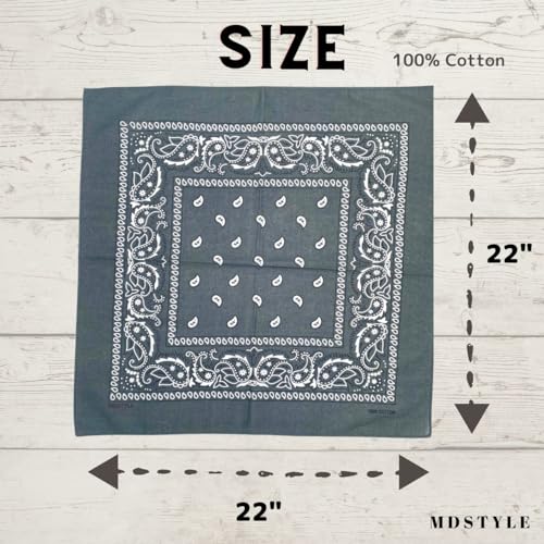 MDSTYLE 6 Pack 100% Cotton Bandanas 22” x 22" for Men & Women Paisley Handkerchief Headband Scarf Bandana - color: Grey