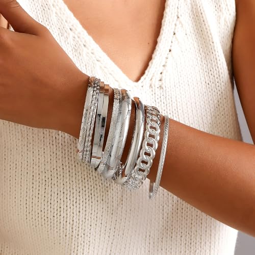 Gold Bangles for Women, 12 Pcs Boho Stackable Bracelets Multi Layer Textured Chunky Bracelets Jewelry Set for Women - color: Style E- 10 pcs silver