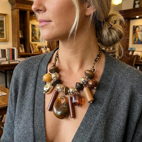 Coiris Chunky Statement Beaded Necklace for Women Bohemia Colorful Wooden Stone Beads Leather Rope Handmade Necklace Jewelry for Women - color: Leopard