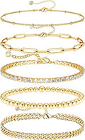 DEARMAY Sterling Silver Plated Bracelets Set for Women Waterproof, Non Tarnish Sterling Silver Link Chain Bracelets Pack Dainty, Fashion Jewelry Gifts for Everyday Comfortable - color: 5Pcs 14K Gold Plated Bracelets C