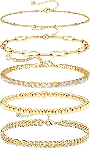 DEARMAY Sterling Silver Plated Bracelets Set for Women Waterproof, Non Tarnish Sterling Silver Link Chain Bracelets Pack Dainty, Fashion Jewelry Gifts for Everyday Comfortable - color: 5Pcs 14K Gold Plated Bracelets C