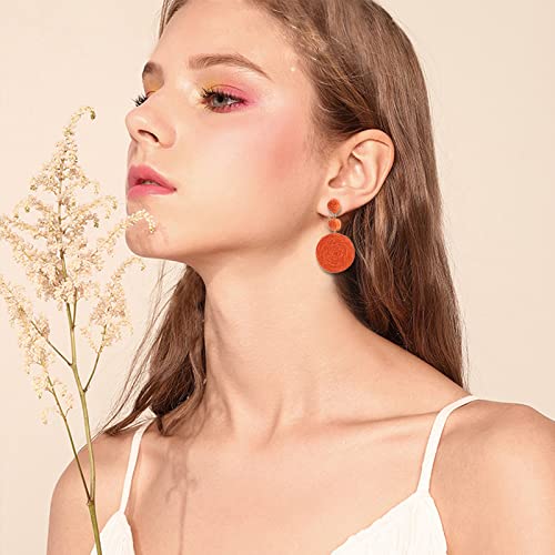 Boho Raffia Ball Earrings for Women, Handmade Statement Drop Earrings Straw Dangle Earrings Beach Vacation Jewelry - color: Orange