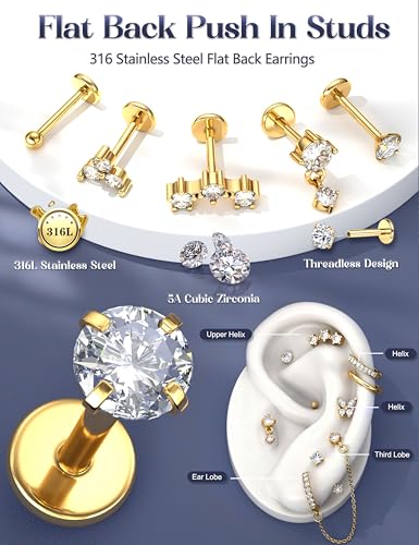 LOLIAS 16G/18G/20G Flat Back Earrings for Women Threadless Surgical Steel Stud Hoop Earrings Push in Nose Studs Hypoallergenic CZ Cartilage Earring Set Labret Helix Tragus Conch Piercing Jewelry - color: 14K Gold, size: 18G(1.0MM)-CZ