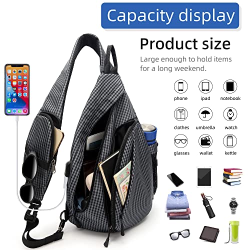 TurnWay Water-Proof Sling bag/Crossbody Backpack/Shoulder Bag with USB Charging Port for Travel, Hiking, Cycling, Camping - color: Grey Grid