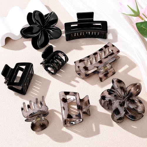8 Pcs Neutral Matte Hair Claw Clips Set, Strong Hold Non-Slip Jaw Clips for Women Girls, Rectangle & Flower Design Hair Clips for Thick/Thin Hair, Daily & Styling Accessories（Black & Leopard) - color: Black-Leopard