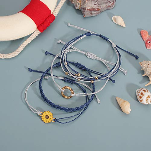 FANCY SHINY Easter Gifts Basket Stuffers Sunflower String Bracelet Boho Braided Rope Wrap Bracelets Cute Summer Beach Surfer Jewelry for Women - color: Navy Blue