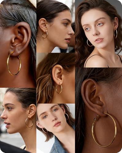 6 Pairs Silver Gold Hoop Earrings for Women - 14K Gold Plated 316 Stainless Steel, Hypoallergenic Lightweight 20/30/40/50/60/70mm Hoops Set - color: Gold & silver