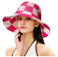 Sun Hats Checkerboard Straw Bucket Hat for Women Packable Crochet Wide Brim Floppy Beach Hats Traveling Summer Accessories - color: Hot Pink