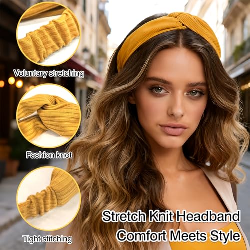 Twist Knotted Boho Headbands for Women – Stretchy Non-Slip Criss Cross Turban Hair Bands, Striped & Solid Color Vintage Yoga Workout Headwraps, 8-Piece Set ﻿