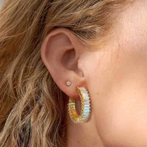 Trendy 14K Gold Plated Hoop Earrings for Women, Chunky Gold/Silver Earrings for Women Cubic Zirconia Baguette Hoop Earrings Heart Hoops Lightweight Hypoallergenic Jewelry,25mm/35mm/40mm/50mm - color: 01 Gold Iridescent Hoops 25mm